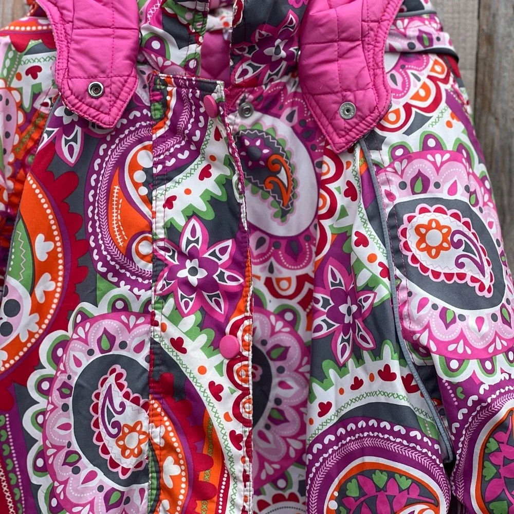 Hanna Andersson Journeys End winter jacket with a vibrant paisley pattern